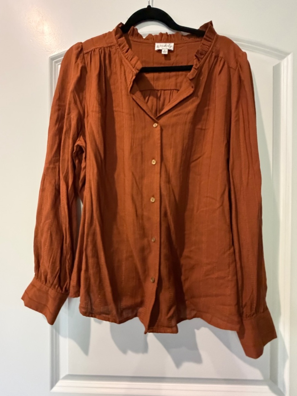 Wonderly Rust Button-Front Ruffle Collar Blouse